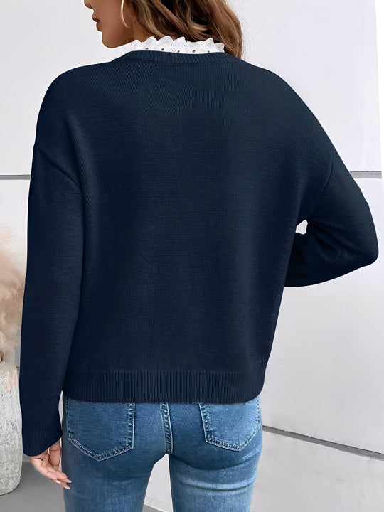 Kaitlyssa | Damen V-Ausschnitt Pullover mit Spitze