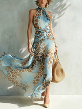 Desirè | Damen Maxikleid mit Halterneck und Leopardenmuster – Blau