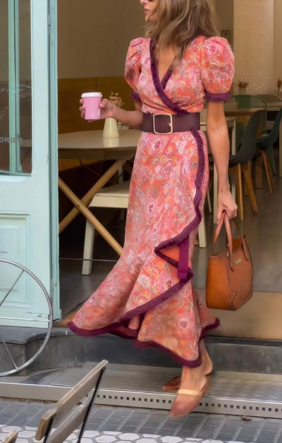 Eliett – Langes Kleid mit Kurzen Puffärmeln und Asymmetrischem Rock