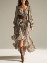 Boho-Midikleid aus Chiffon mit Karomuster und Rüschen – Braun