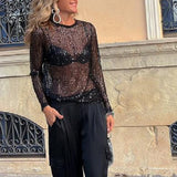 Damen-Paillettenbluse mit geradem Schnitt und langen Ärmeln – Schwarz