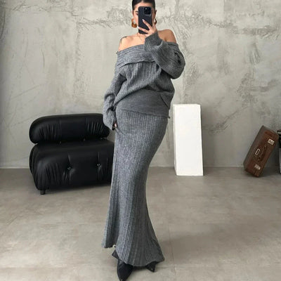 Elegantes Outfit mit schulterfreiem Pullover und eng anliegendem Strickrock, perfekt für einen raffinierten und femininen Look