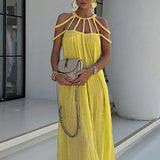 Damen-Maxikleid aus Leinenmischung (Cover-Up) – Gelb