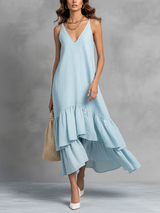 Hellblaues Maxikleid aus Baumwoll-Leinen mit Volantsaum – Blau