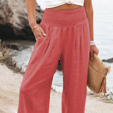Damenhose aus Leinenmischung mit Smokarbeit und Taschen – Rot