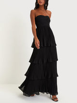 Damen Trägerloses Gerafftes Gestuftes Maxi Anlasskleid – Elegantes Abendkleid – Schwarz