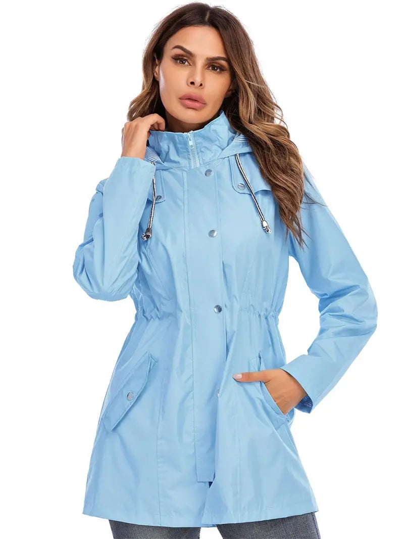 Stylische Mittellange Blaue Regenjacke mit Reissverschluss und Kapuze für Damen | Ideal für den Winter