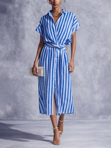Gestreiftes Midikleid im Wickel-Look aus Baumwoll-Leinen – Blau-Weiß