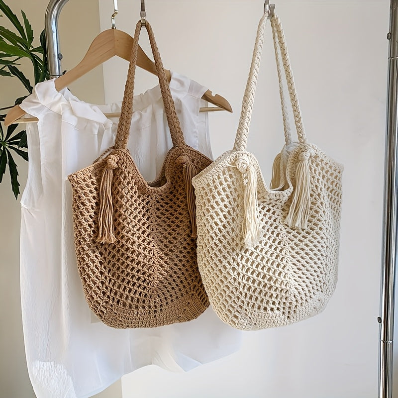 Handgefertigte Häkel-Tasche – Große Boho-Strandtasche mit Quaste