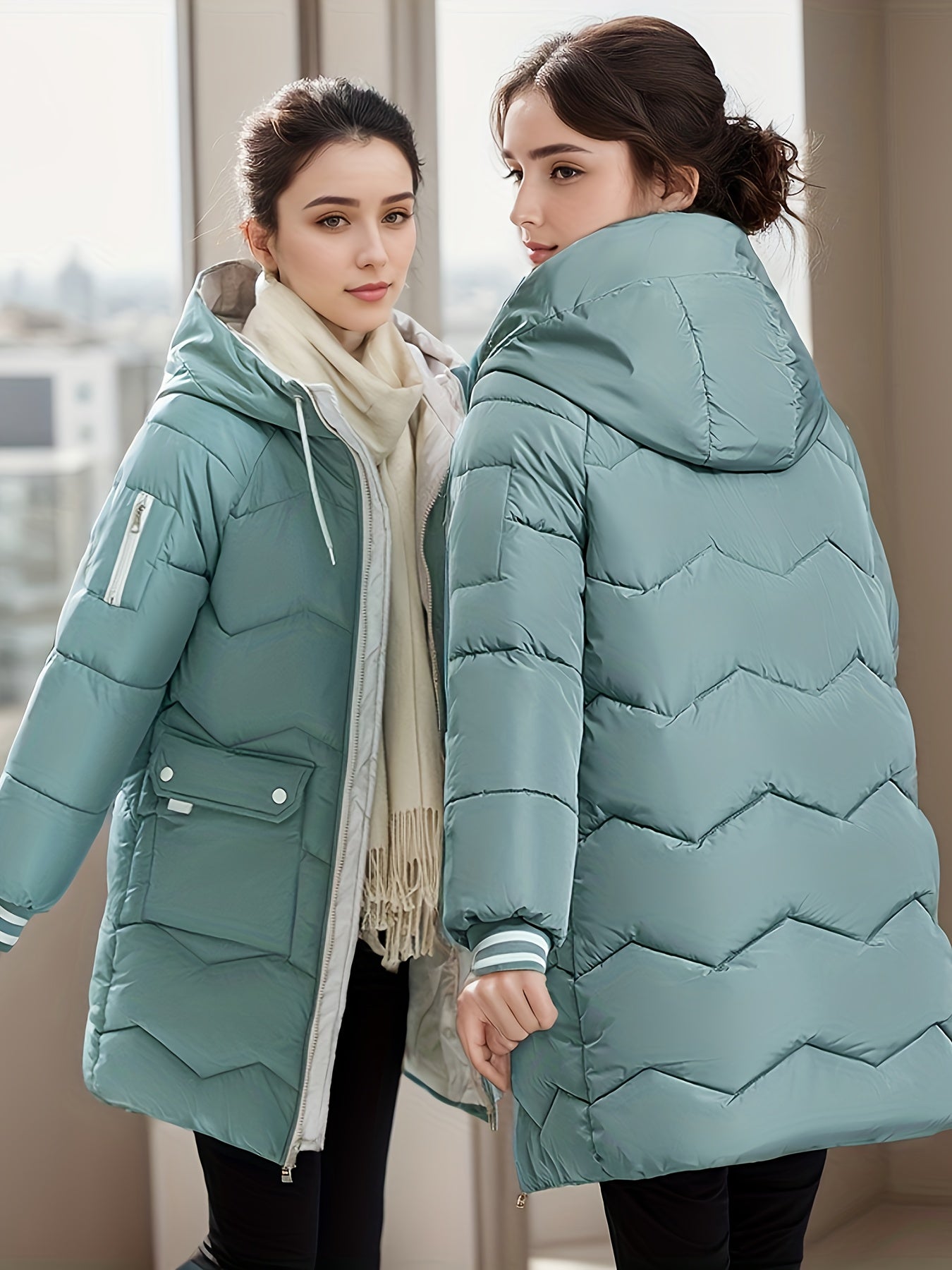 Langer lässiger Wintermantel mit Kordelzug und Klappentaschen für Damen |  Ideal für den Winter