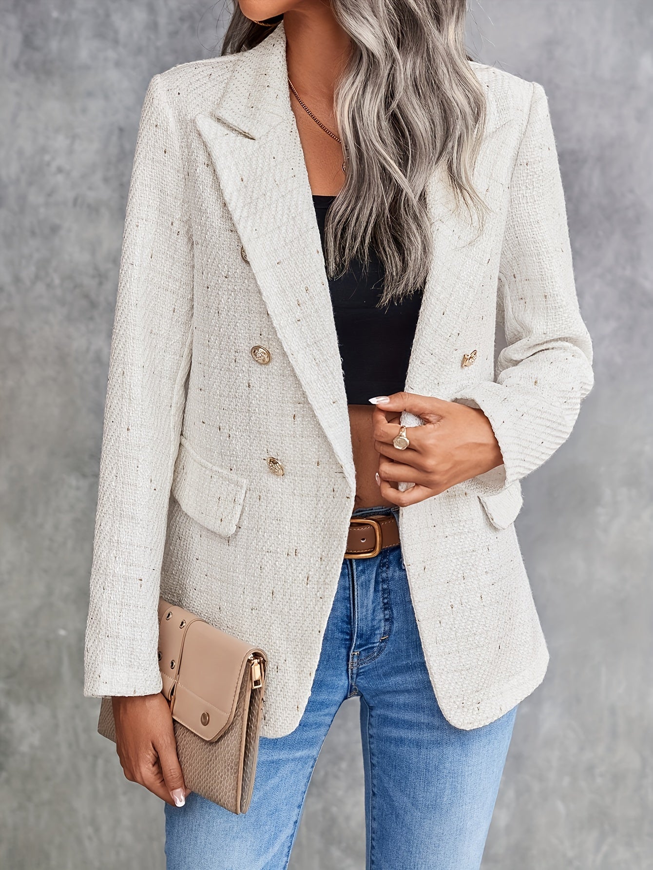 Eleganter Tweed-Doppelreiher-Blazer Mit Reverskragen In Beige Für Damen |  Ideal für das tägliche Tragen