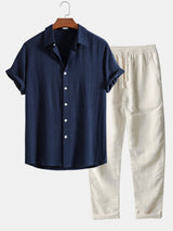Herren Sommer Zweiteiler Set – Leichtes Hemd Mit Freizeit Hose – Navy blau