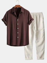 Herren Sommer Zweiteiler Set – Leichtes Hemd Mit Freizeit Hose – Kaffeebraun