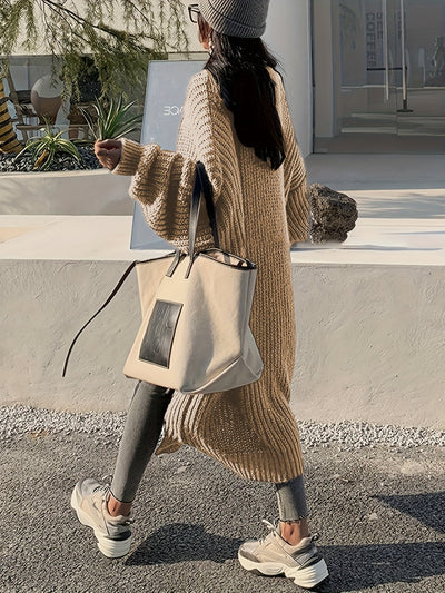 Lässiger Langer Wollstrick Cardigan mit Patches und Taschen für Damen | Ideal für den Winter