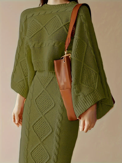 Stilvoller Pullover-Zweiteiler mit hohem Kragen, ausgestellten Ärmeln und Slim-Strickrock für Damen | Ideal für das tägliche Tragen