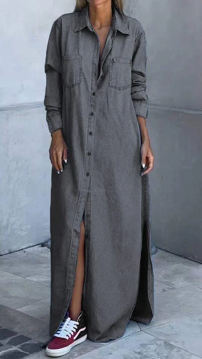 Vallina – Langärmliges Kleid aus Denim Mit Reverskragen