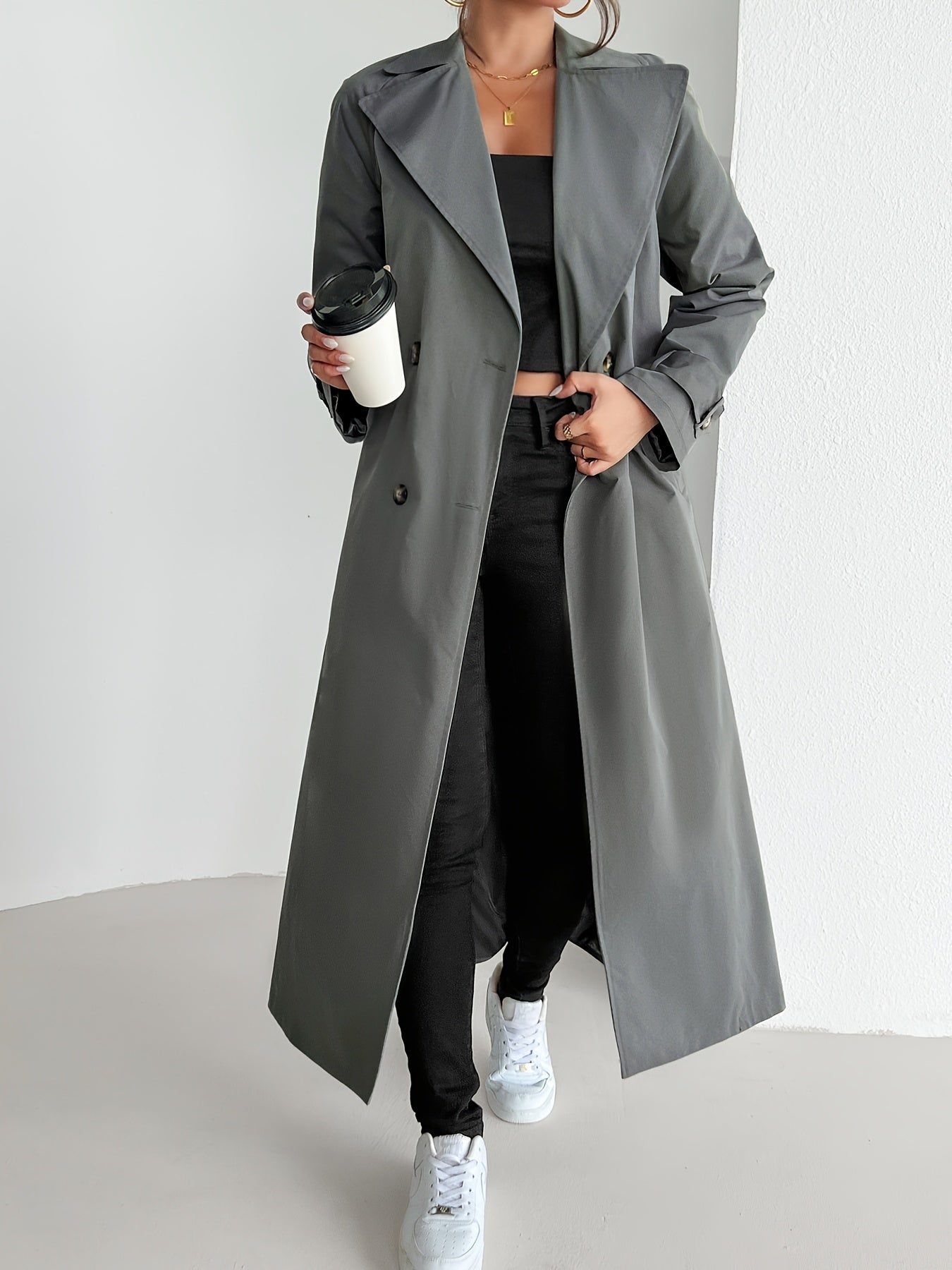 Lässiger Einfarbiger Dunkelgrauer Gürtel Trenchcoat für Damen | Ideal für den Winter