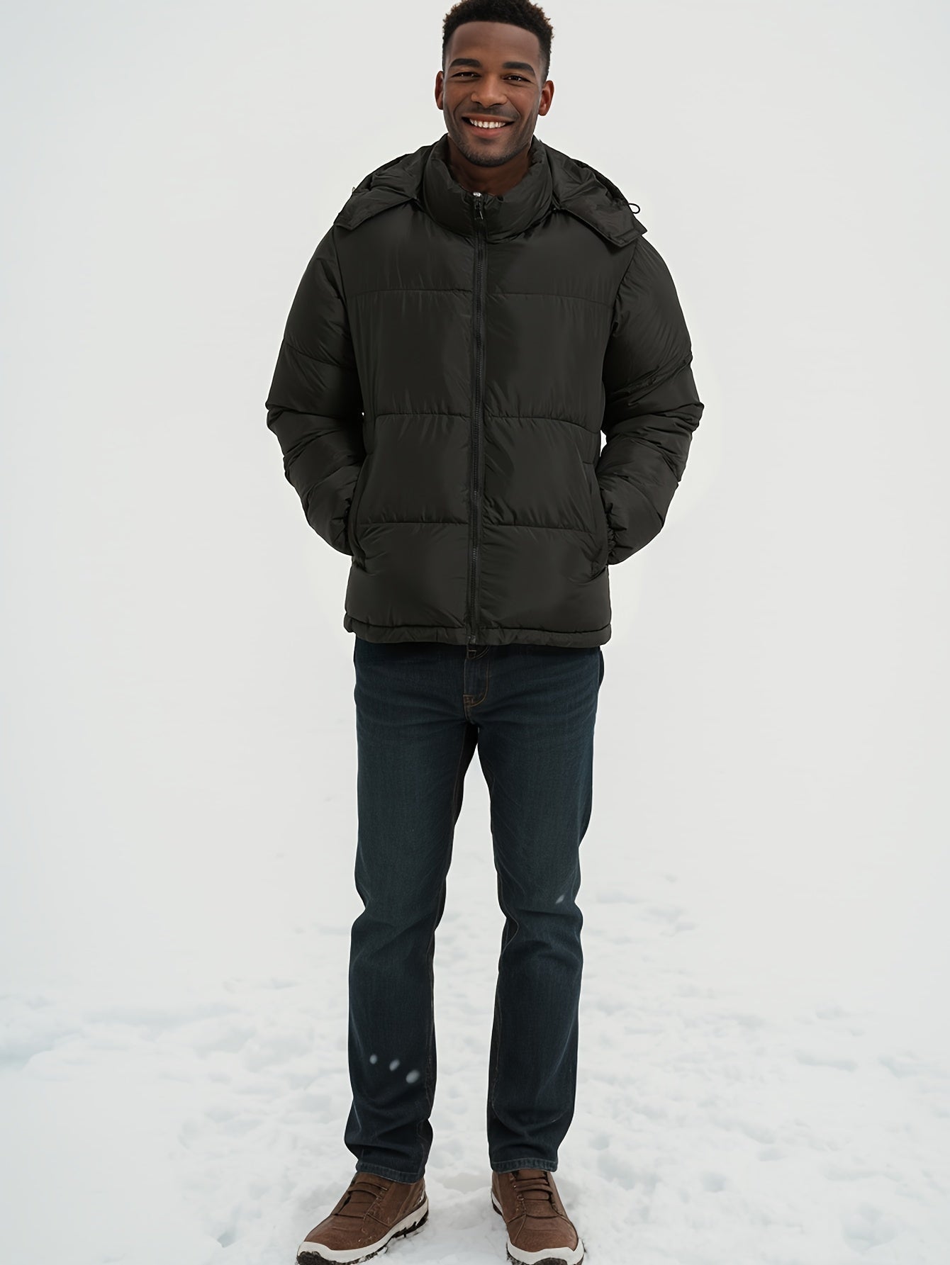 Lässiger Einfarbiger Kapuzen-Daunenparka mit Reissverschluss für Herren | Ideal für den Winter