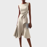 Ärmelloses Midikleid für Damen mit drapiertem, asymmetrischem Saum – Creme