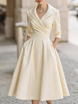 Satin-Midi-Kleid für Damen | A-Linie mit Schalkragen – Beige