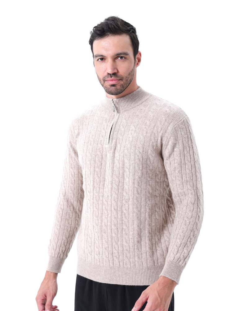 Roman | Chunky knit Herren Chasmere Pullover mit Kabelstrickmuster & Halb Reißverschluss Kragen