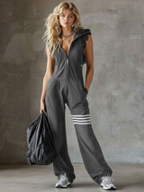 Damen Ärmelloser Langer Jumpsuit - Hoodie Gestreiftes Casual Outfit – Grau