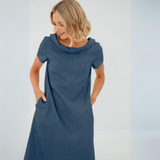 Damen Mini-Kleid mit kurzen Ärmeln und Taschen – Dunkelblau