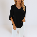 Damen Leichte Bluse Mit V Ausschnitt Und Langarm – Schwarz
