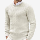 Florian | Herren Frühling Rundhals Strickpullover mit Zopfmuster – Weiß