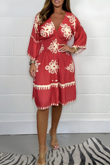 Damen Sommerkleid Im Boho Stil Mit Langarm – Rot