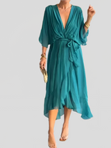 Damen Kleid Mit V Ausschnitt Und Wickelstil – Marine Blau
