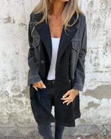 Damen Geknöpfte Wildleder Denim Jacke – Schwarz