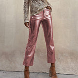 Gerade Damenhose aus metallischem Kunstleder – Roségold