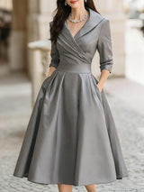 Satin-Midi-Kleid für Damen | A-Linie mit Schalkragen – Grau