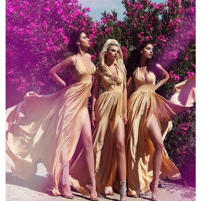 Damen Tiefes V-Ausschnitt Hochzeitsgast Schlitz Kleid | Maxi