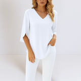 Damen Leichte Bluse Mit V Ausschnitt Und Langarm – Weiß