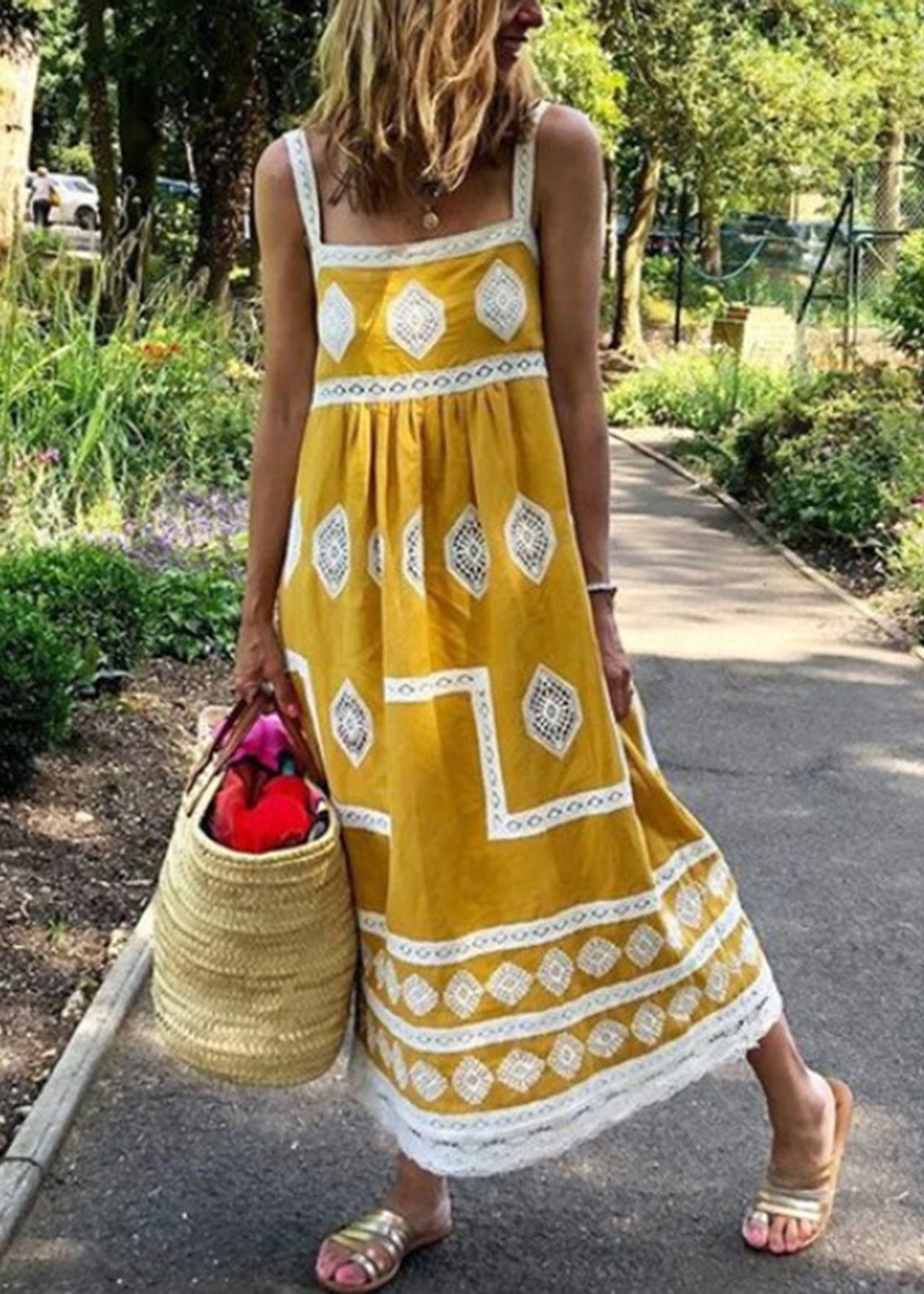 Lara® | Gelbes Boho-Muster Maxikleid mit quadratischem Ausschnitt