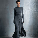 Damen-Maxikleid im Wickelstil, gestrickt, mit Knopf – Grau