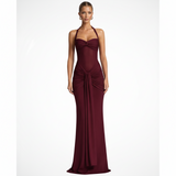 Celine Damen Neckholder Maxikleid mit Raffung – Hochzeitsgast – Burgunderrot