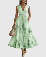 Isabella | Damen Ärmelloses Geplissiertes Blumen Midi Kleid – Grün