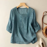 Gretchen - Stilvolle bestickte Bluse mit 3/4-Ärmeln für Damen – Blau