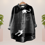Elena | Lässiges Damen Kunstshirt mit auffälligem Print – Katze Schwarz
