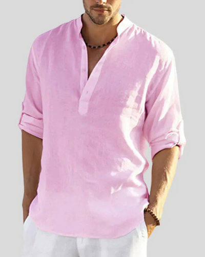 Herren Langarmhemd mit Stehkragen | Lockeres Freizeithemd mit Knöpfen