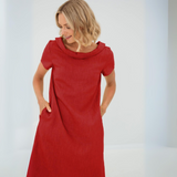 Damen Mini-Kleid mit kurzen Ärmeln und Taschen – Rot