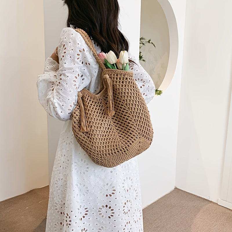 Handgefertigte Häkel-Tasche – Große Boho-Strandtasche mit Quaste