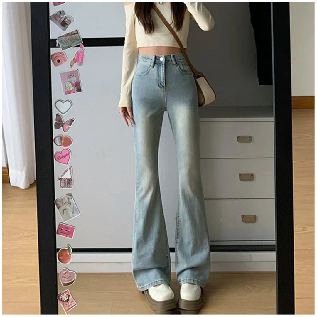 Damen Stylische Hochtaillierte Ausgestellte Jeans | Elegant