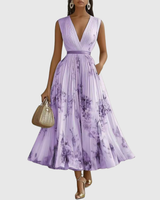 Isabella | Damen Ärmelloses Geplissiertes Blumen Midi Kleid – Lila