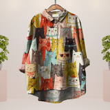 Elena | Lässiges Damen Kunstshirt mit auffälligem Print – Katze Farben