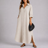Klara | Müheloses Herbst-Hochzeits Maxikleid aus Leinen mit Knopfleiste – Beige