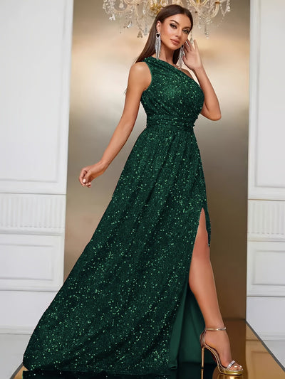 Lässiges bodenlanges Pailletten-Kleid mit schulterfreiem Design und Schlitz für Damen | Ideal für den Sommer